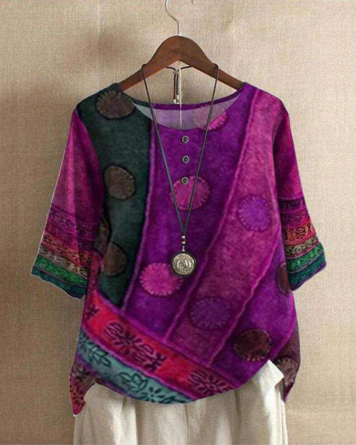 Boho Dames Top – Oversized Blouse met Wijnprint en Losse Pasvorm