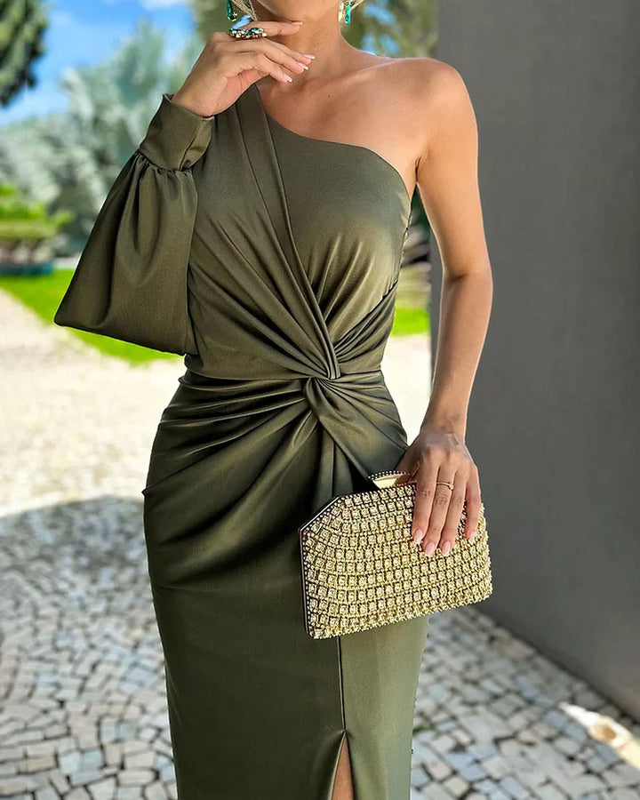Elegante Avondjurk Dames – One-Shoulder Jurk met Lange Mouw voor Feest & Avond