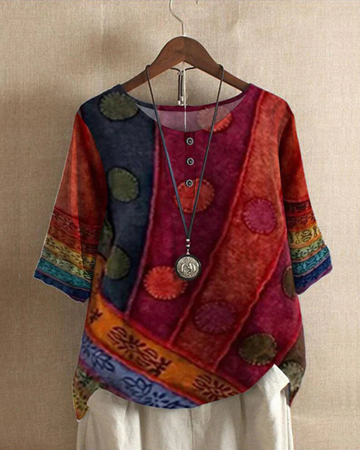 Boho Dames Top – Oversized Blouse met Wijnprint en Losse Pasvorm