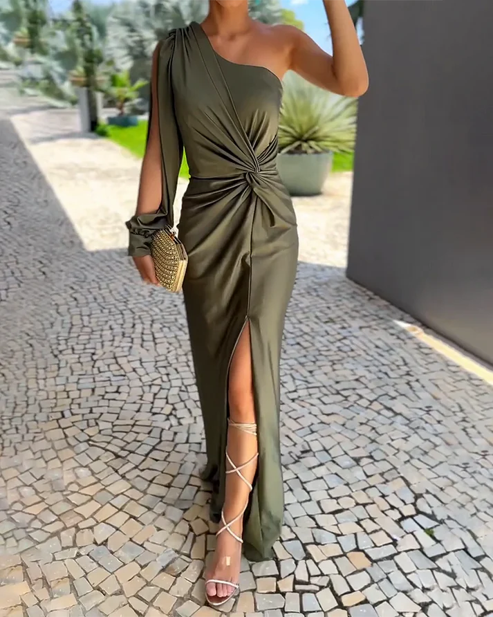 Elegante Avondjurk Dames – One-Shoulder Jurk met Lange Mouw voor Feest & Avond