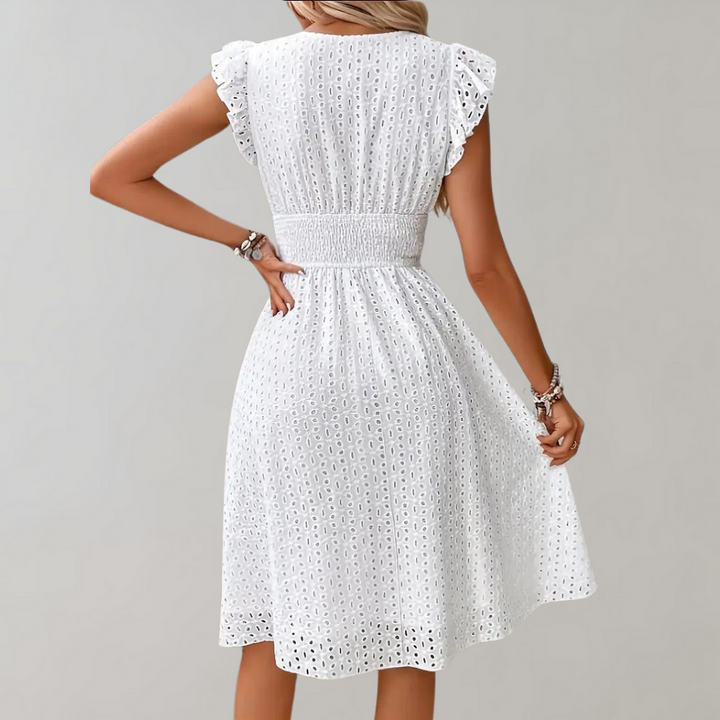 Witte zomerjurk voor dames met ruches – Elegante halflange jurk zonder mouwen