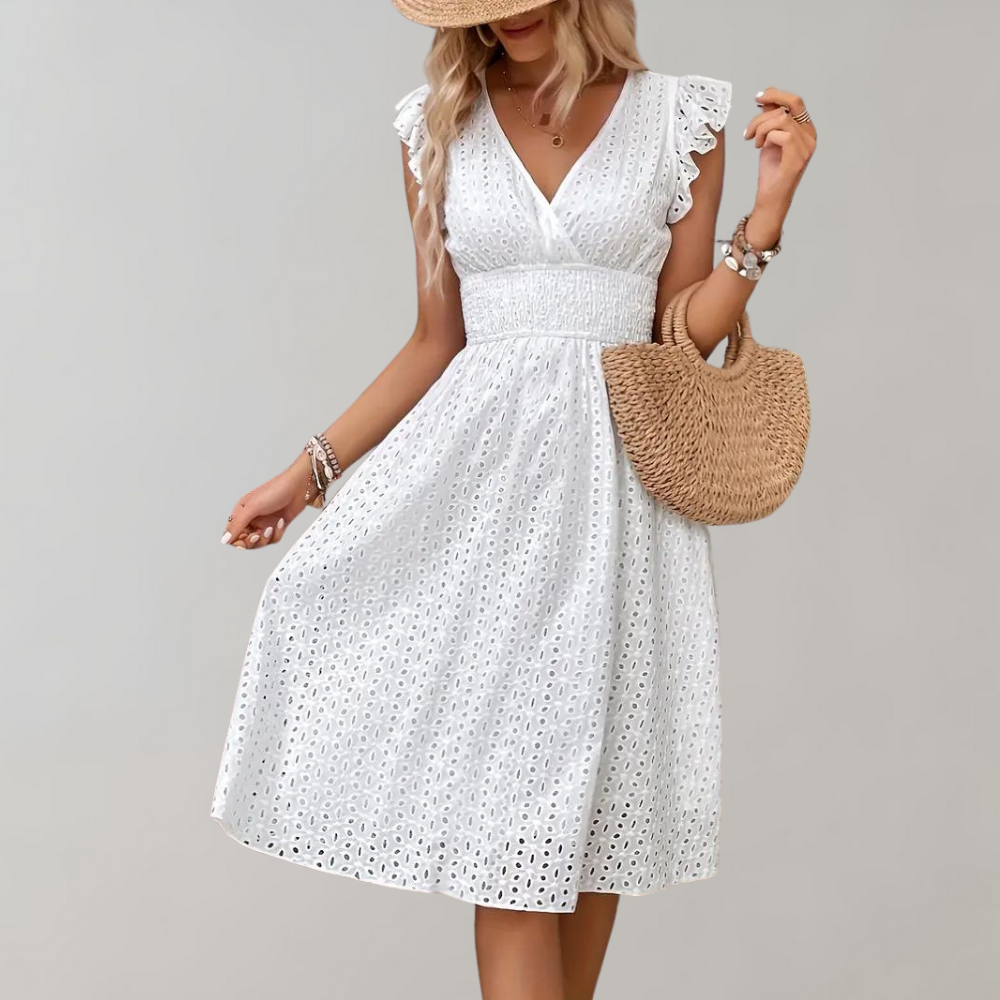 Witte zomerjurk voor dames met ruches – Elegante halflange jurk zonder mouwen