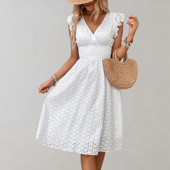 Witte zomerjurk voor dames met ruches – Elegante halflange jurk zonder mouwen