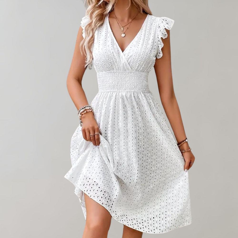 Witte zomerjurk voor dames met ruches – Elegante halflange jurk zonder mouwen